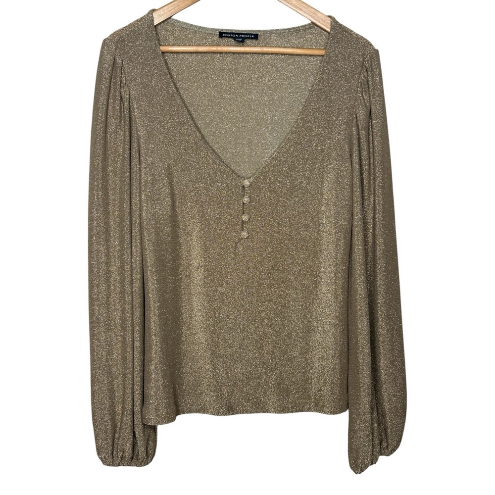 🩷 Boston Proper Women Medium Metallic Gold Shimmer V Neck bishop Sleeves Stretch